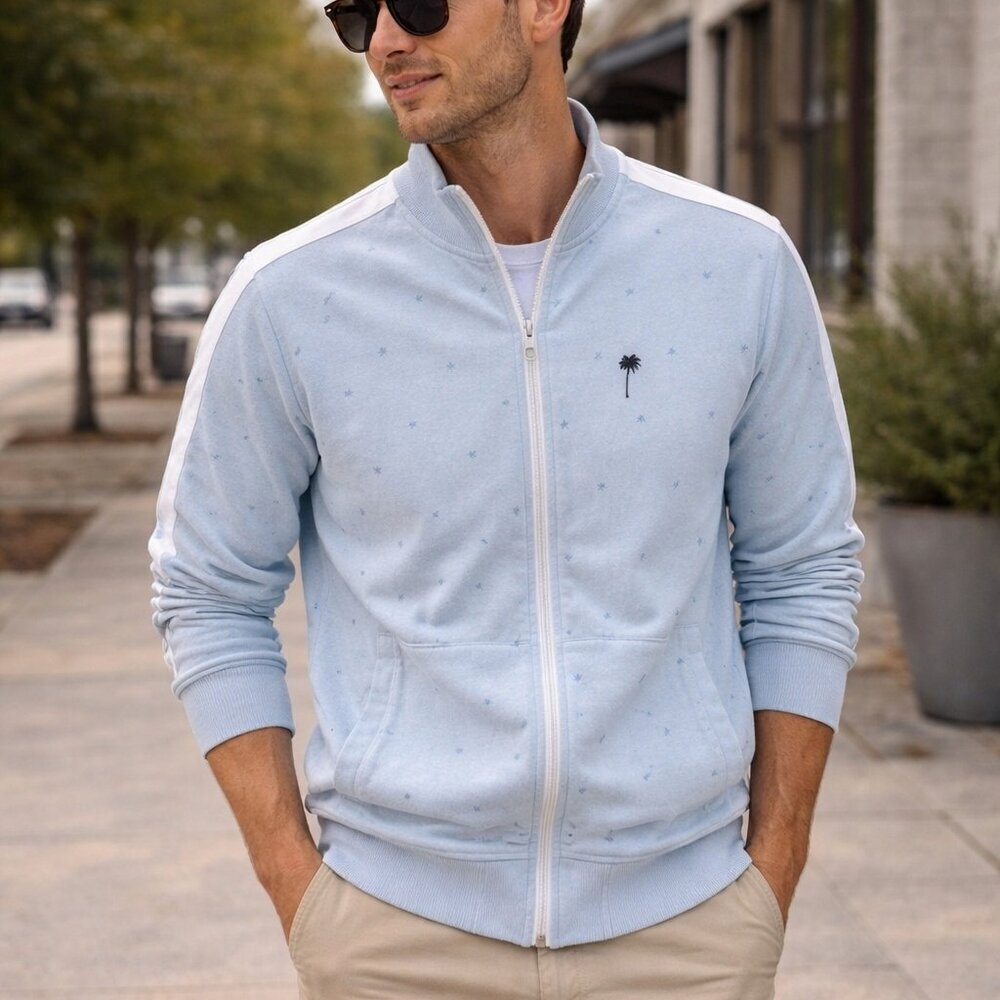 Kultivate, size small, Amsterdam men’s light blue zip up sweater with palm trees